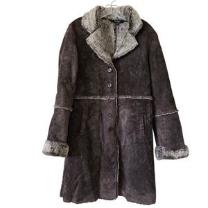 Express Leather Patchwork Faux‎ Sherpa lined Penny Lane long coat Size M Y2K Vtg